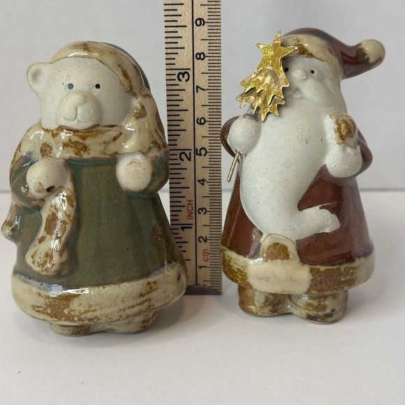 Pier 1 Imports Pottery Christmas Santa & Bear 3” Tall Brown/Green Gold Glossy - Picture 10 of 10